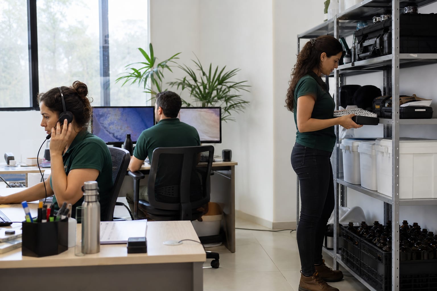 Equipe de três pessoas trabalhando em um escritório pequeno de consultoria ambiental, com monitores e pastas de arquivo.
