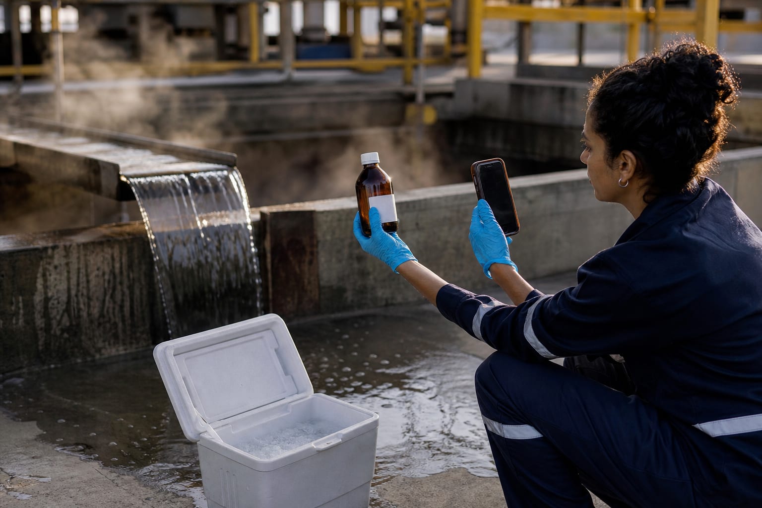 Técnica ambiental coletando amostra de efluente em frasco âmbar na saída de uma estação de tratamento, com caixa térmica ao lado.