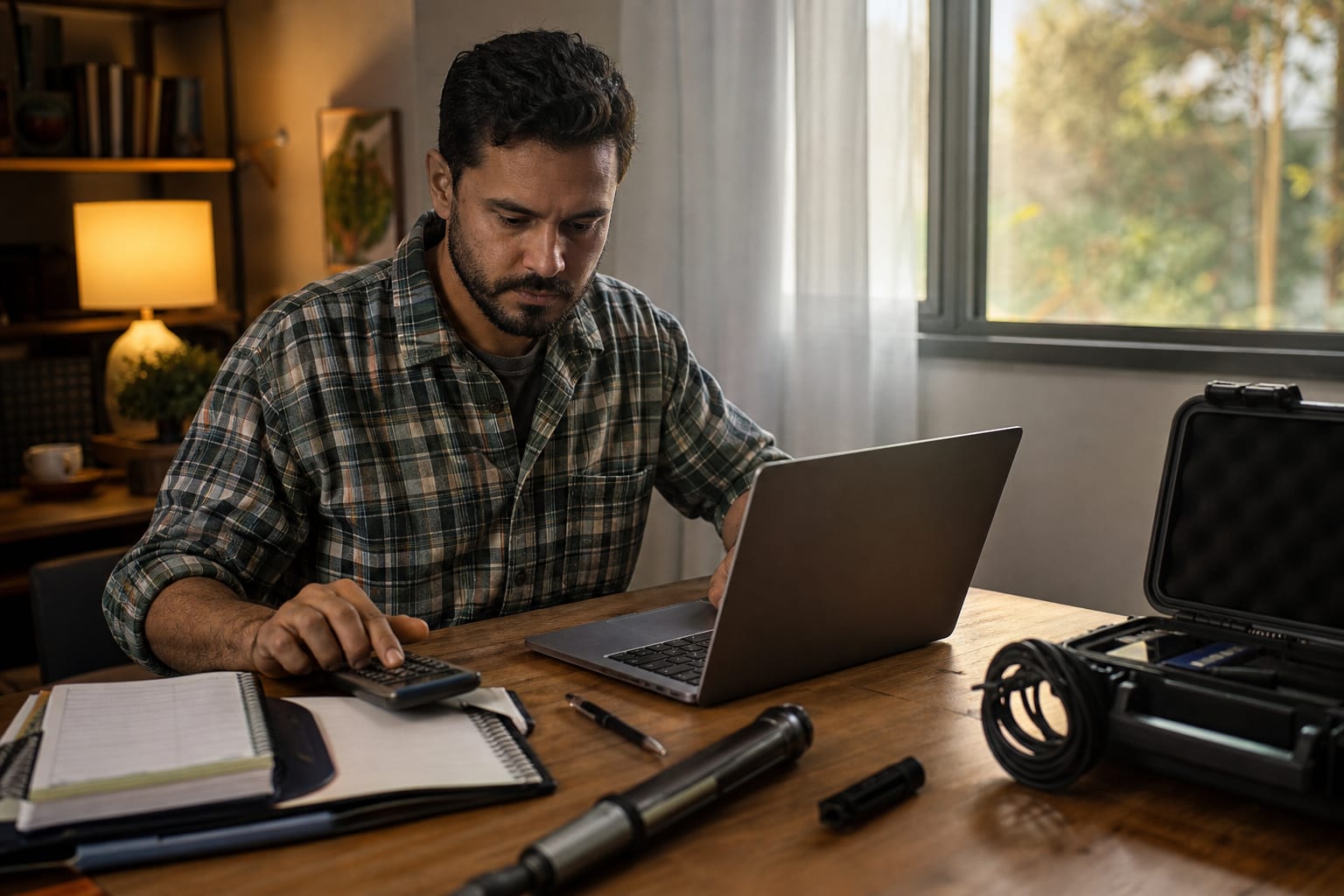 Consultor ambiental fazendo contas com calculadora e notebook em uma mesa de madeira no fim da tarde.