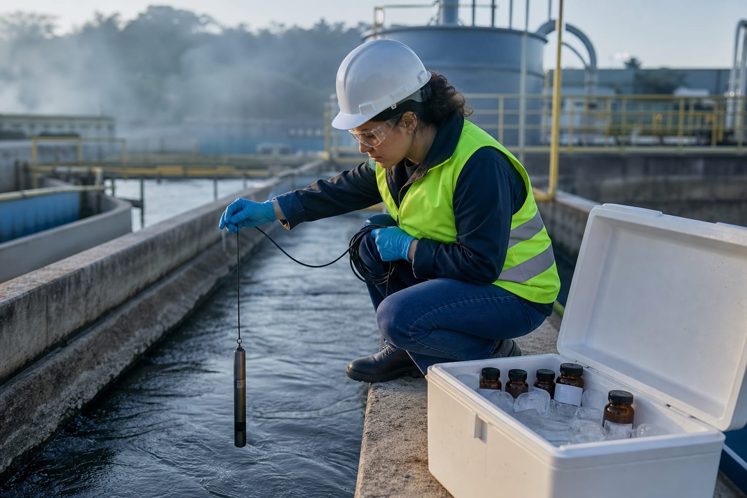 Engenheira ambiental com prancheta ao lado da calha de concreto da estação de tratamento de efluente de uma indústria, no começo da manhã.